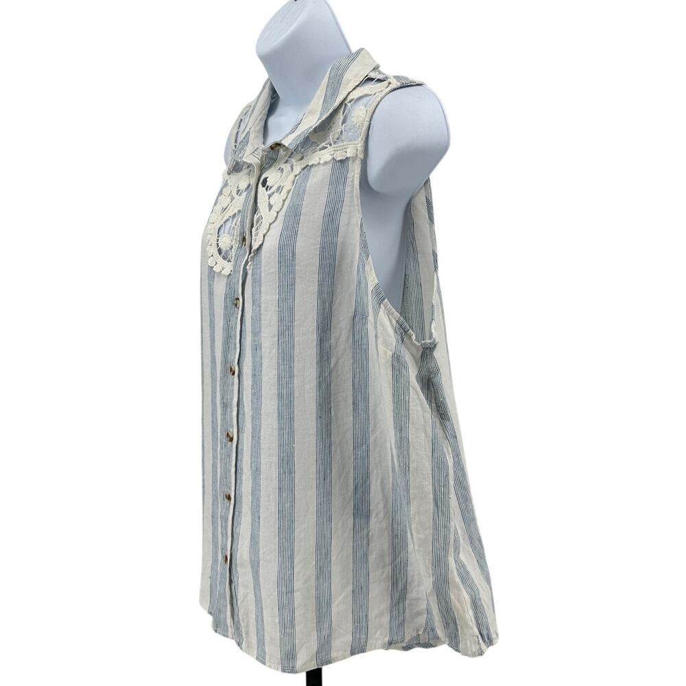 Maeve by Anthropologie Tops WMNS XL White Blue Striped Lace Trim Linen Blouse - Picture 5 of 8